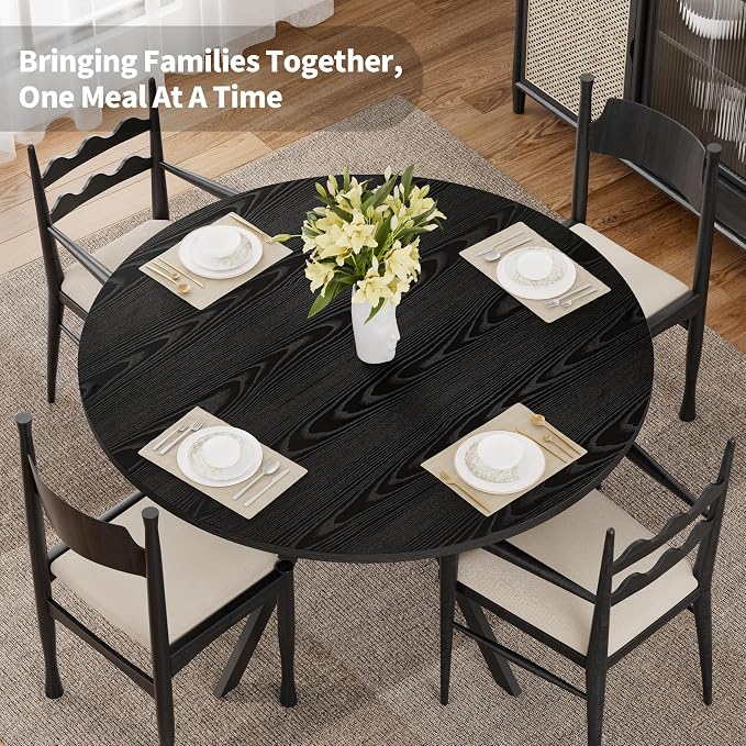 Black Dining Table for 2-4, 42 Inch Round Kitchen Table with Storage, Wooden Circle Dinner Table with Metal Legs, Rustic Mid Century Modern Dining Room Tables for Kitchen, Living Room, Dining Room - Image 3