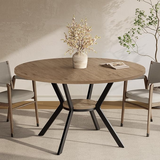 MECHYIN 42" Round Dining Table for 2-4, Farmhouse Kitchen Table with Storage, Space Saving Circle Dinner Table, Rustic Light Wood Kitchen & Dining Room Tables with Metal Legs for Kitchen, Dining Room by MECHYIN