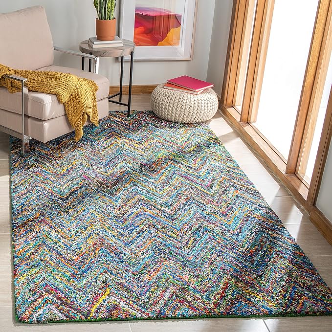 SAFAVIEH Nantucket Collection Accent Rug - 3' x 5', Blue & Multi, Handmade Modern Abstract Chevron Cotton, Ideal for High Traffic Areas in Entryway, Living Room, Bedroom (NAN141C) by Unknown