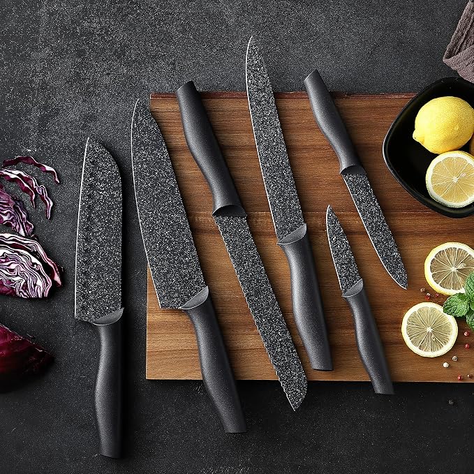 Marco Almond Kitchen Knife Set 12 PC Chef Knife Set Black | 6 Knives with 6 Blade Guards, Stainless Steel Knives Set for Kitchen, Anti-Rust,Ergonomic Handle,Full Tang,Gift Box - Image 8
