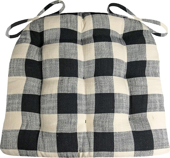 Barnett Home Decor Dining Chair Pad with Ties - Buffalo Check Black & Ivory Size Medium 16.5 x 18 - Latex Foam Filled Cushion, Reversible, Made in USA (Black & White, Medium)… by BarnettHomeDecor