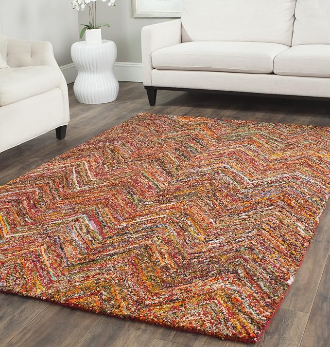 SAFAVIEH Nantucket Collection Area Rug - 6' Square, Red & Blue & Multi, Handmade Modern Abstract Chevron Cotton, Ideal for High Traffic Areas in Living Room, Bedroom (NAN141B) by Unknown