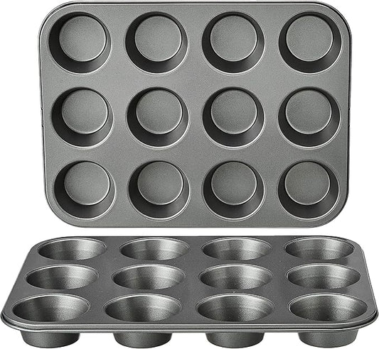 Amazon Basics Nonstick Muffin Pan, Set of 2, Sturdy, Oven Safe, Bakes Evenly, Easy to Clean, 12 Cups, Gray, 13.9x10.55x1.22" by AmazonBasics