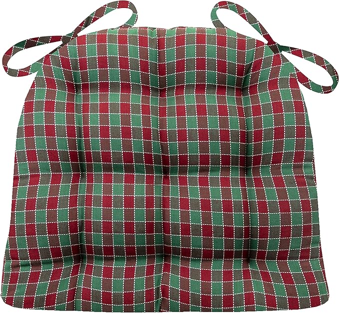 Barnett Home Decor Dining Chair Pad with Ties - Twin Check Red & Green - Size Medium 16.5 x 18 - Latex Foam Fill Dining Chair Cushion - Machine Washable, Reversible, Checkered Christmas Colors Medium by BarnettHomeDecor
