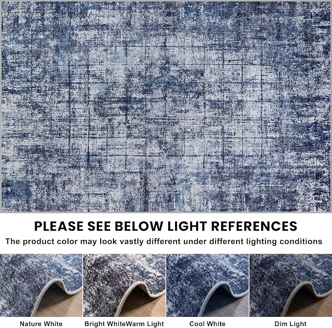 9x12 Washable Area Rug for Living Room Bedroom: Non-Slip Modern Navy Blue | Machine Washable TPR Backing, Stain-Resistant Low Pile, Pet & Kid Friendly, Abstract Decor for Dining Room, Dorm, Home Office - Image 8