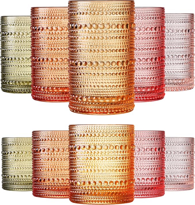 Hobnail Beaded Highball Drinking Tumbler Glasses | Set of 10 | Color, Vintage Bubble Design Whiskey Glassware, Old-Fashioned, Embossed Design, Water, Wine, Cocktail Embossed Heavy Glass, Rocks Glass - Image 5