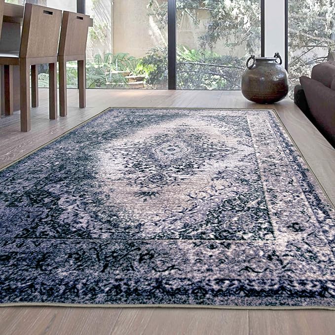 Superior Traditional Oriental Medallion Non-Slip Indoor Washable Area Rug, 4' x 6', Grey - Image 2