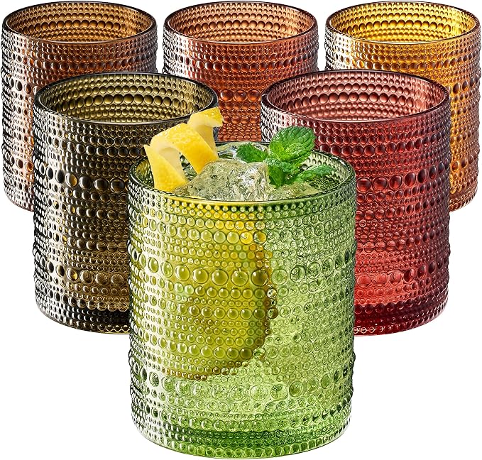 Shades of Summer Set of 6 Luxury Hobnail Drinking Glasses - 11oz Jewel-Toned Vintage Beaded Highball Tumblers - Textured Bubble Glassware Drinks Cocktails & Wine Elegant Boho Home Bar & Dining Décor by Khen