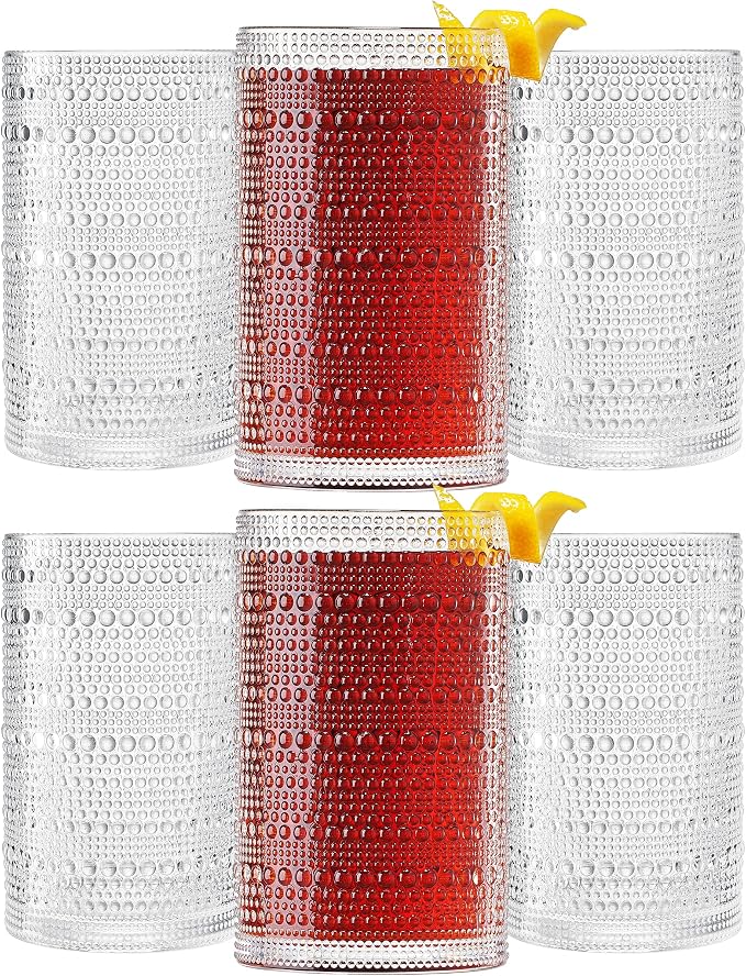 Khen Plastic Hobnail Drinking Highball Glasses Set of 6 Clear Color Cups 14oz, Shatterproof & Unbreakable Acrylic Beaded Design, BPA-Free, Dishwasher Safe Indoor/Outdoor Drinkware for Water, Cocktails by Khen
