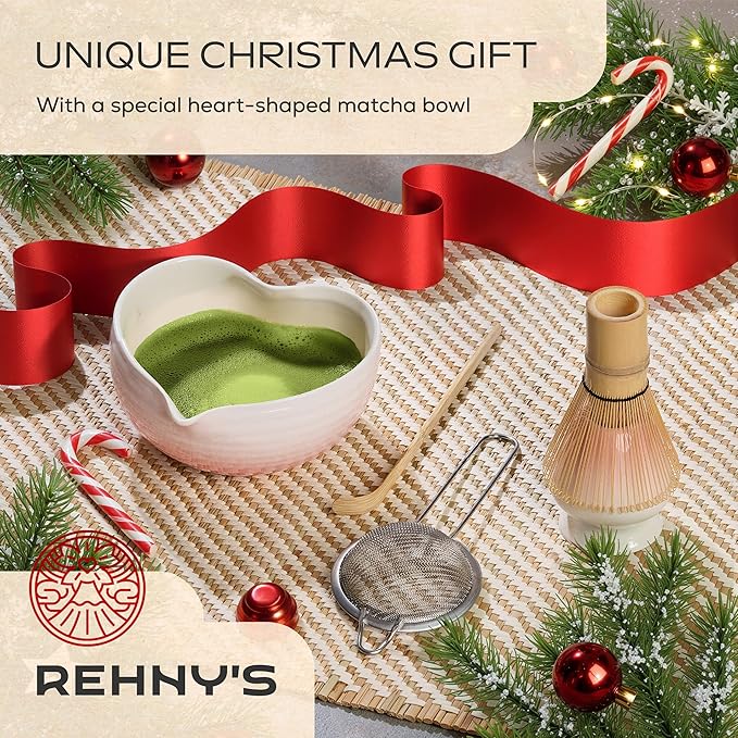 Rehny’s Matcha Whisk Set | Complete Matcha Set w/Heart-Shaped Bowl, Bamboo Whisk, Holder, Stainless Steel Sifter, Bamboo Scoop | Christmas Gift Present Macha Kit Handmade Bowl | Macha Powder Tea Kit