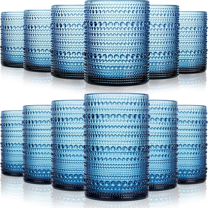 KMIGRUAN Hobnail Drinking Glasses Set of 12, 15Oz & 12Oz Cocktail Glasses | Blue-Vintage Highball Glasses, Embossed Beaded Water Glass Cups for Juice and Various Mixed Drinks, Kitchen Drinking Glasses by KMIGRUAN
