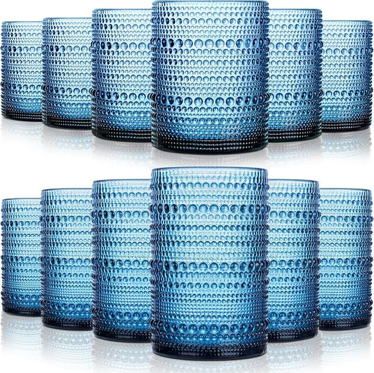 KMIGRUAN Hobnail Drinking Glasses Set of 12, 15Oz & 12Oz Cocktail Glasses | Blue-Vintage Highball Glasses, Embossed Beaded Water Glass Cups for Juice and Various Mixed Drinks, Kitchen Drinking Glasses by KMIGRUAN
