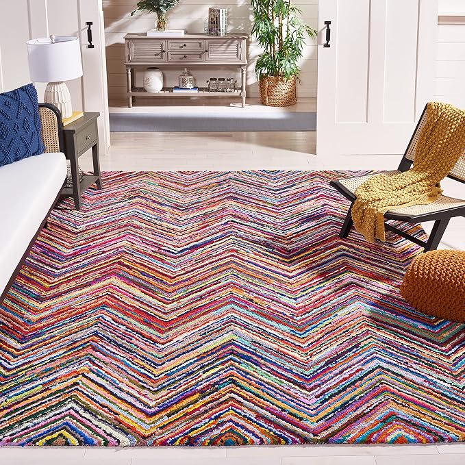 SAFAVIEH Nantucket Collection Area Rug - 10' x 14', Pink & Multi, Handmade Modern Abstract Chevron Cotton, Ideal for High Traffic Areas in Living Room, Bedroom (NAN141A) by Unknown