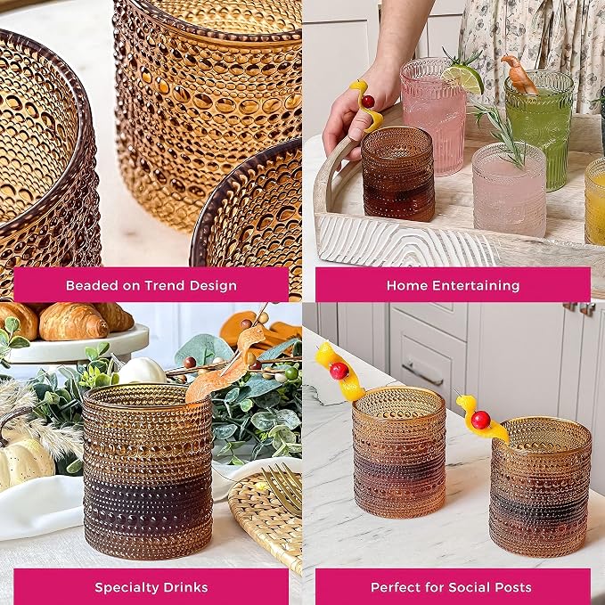 Kate Aspen Beaded Amber Drinking Glasses Set of 6-10 oz Vintage Glassware Jupiter Glasses, Cocktail Glass, Juice Glass, Water Cups Hostess Gift, Present, Gift for Newlyweds (Pack of 4) - Image 6