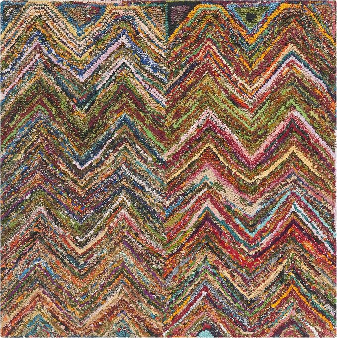 SAFAVIEH Nantucket Collection Area Rug - 6' Square, Red & Blue & Multi, Handmade Modern Abstract Chevron Cotton, Ideal for High Traffic Areas in Living Room, Bedroom (NAN141B) - Image 3